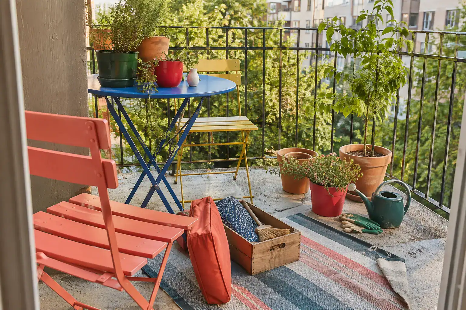 Colorful apartment balcony being tidied at the end of summer