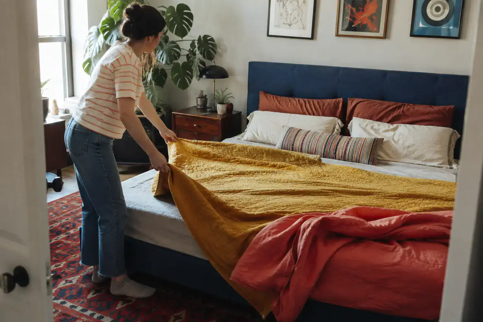 Woman changing from coral summer bedding to a mustard fall quilt in a modern bedroom