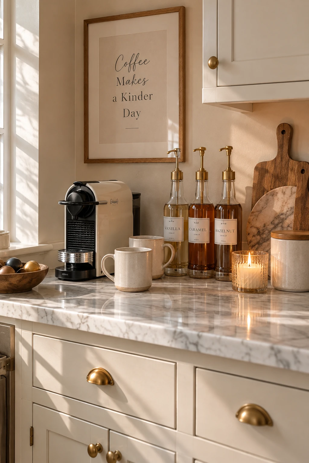 Bright coffee bar with coffee machine, glass syrup bottles and ceramic mugs on a cream kitchen counter