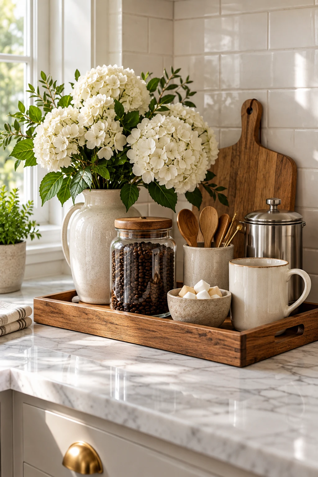 Cozy coffee station with espresso machine, ceramic mugs and framed neutral coffee-themed artwork