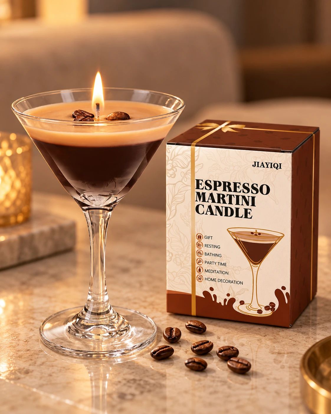 Espresso martini-shaped candle in a glass beside its matching gift box