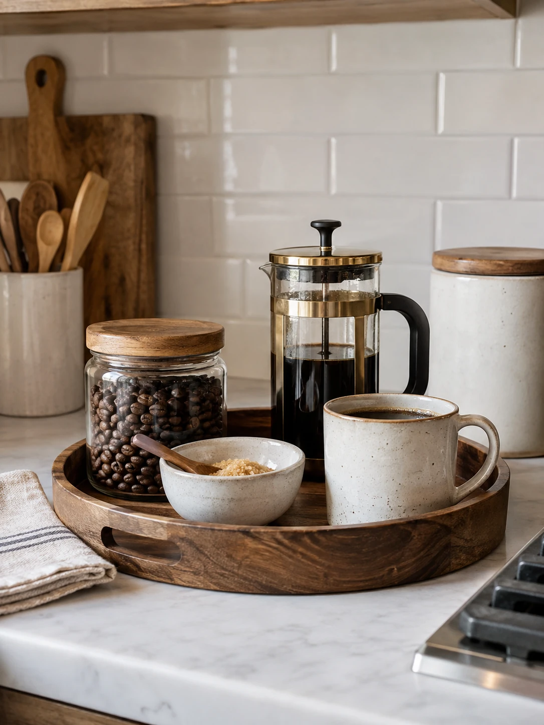 Wooden coffee tray with French press, ceramic coffee mug, jar of coffee beans and sugar bowl