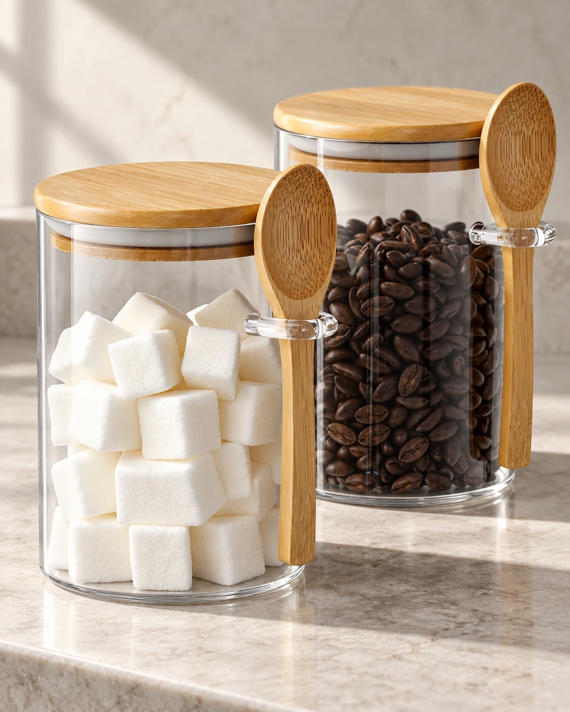 Two clear glass jars with bamboo lids and spoons filled with sugar cubes and coffee beans