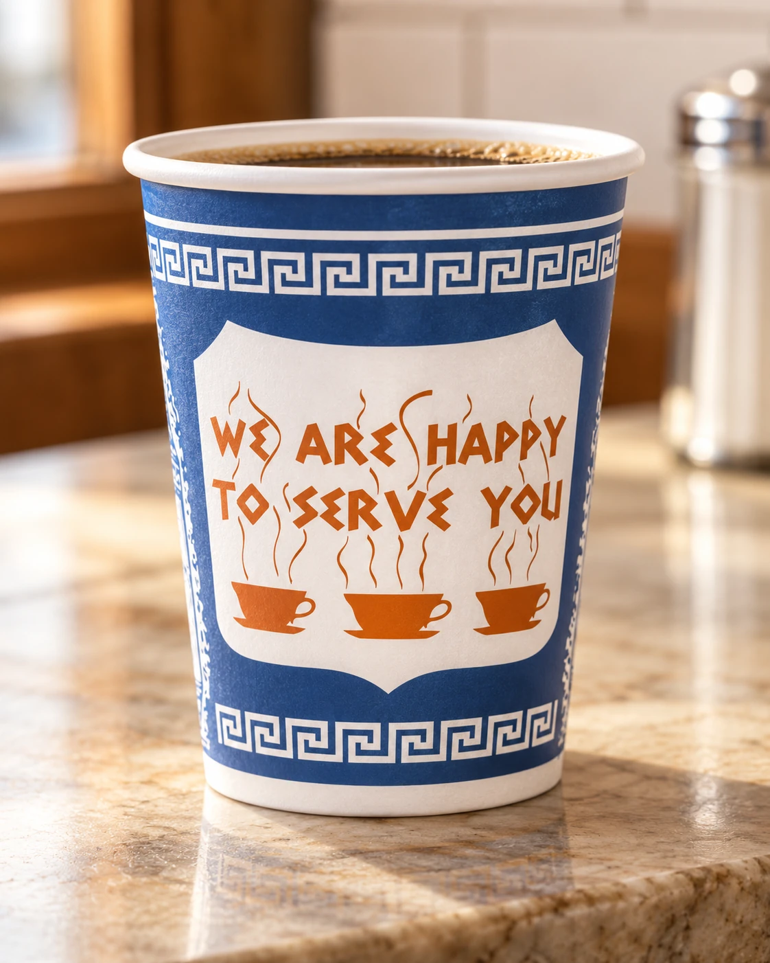Blue and white Greek diner-style coffee cup filled with coffee and printed with We Are Happy to Serve You