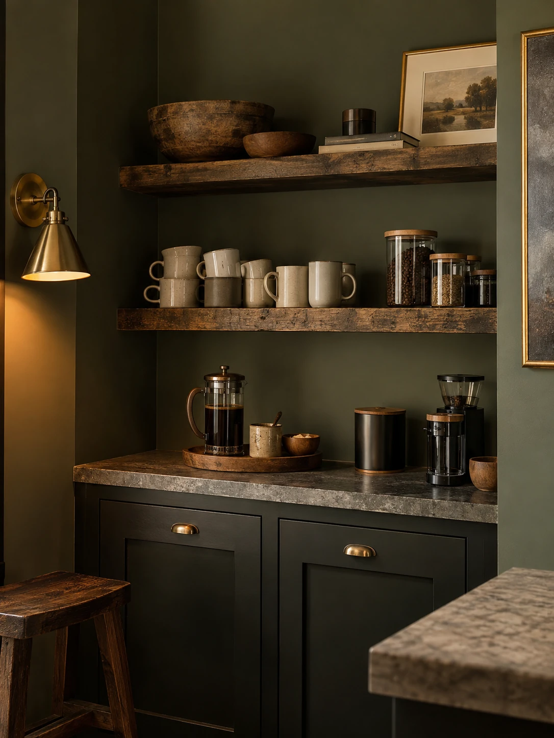Moody olive green coffee nook with rustic wood shelves, ceramic mugs and French press