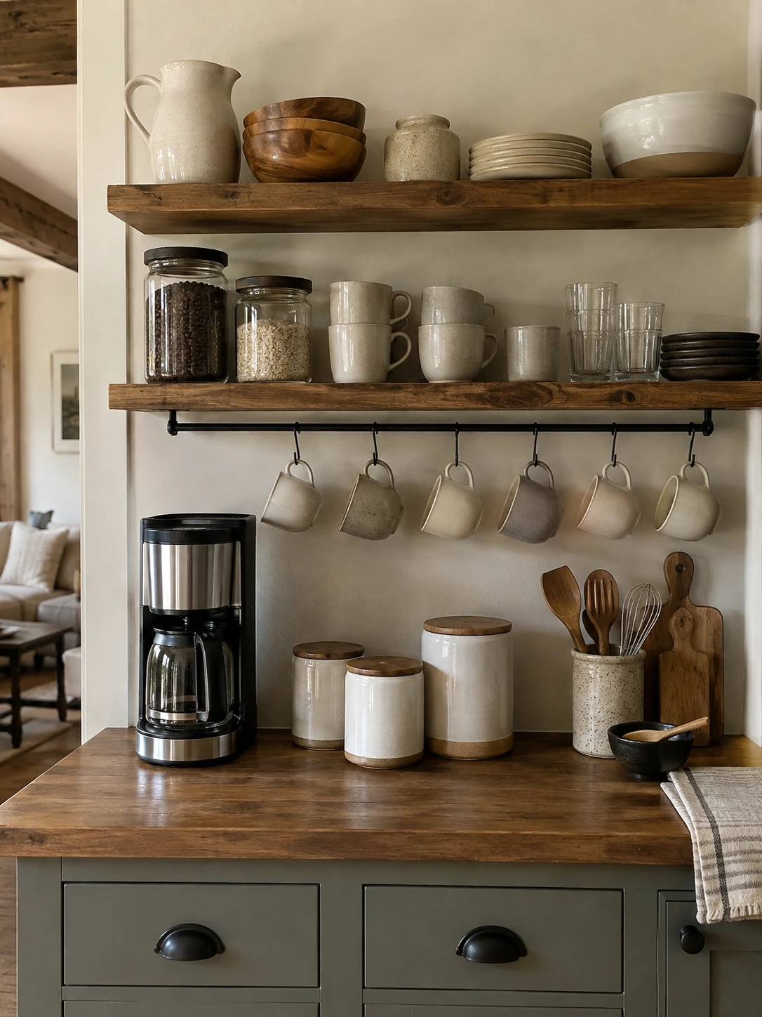 Open shelf coffee station with hanging ceramic mugs, glass storage jars and drip coffee maker