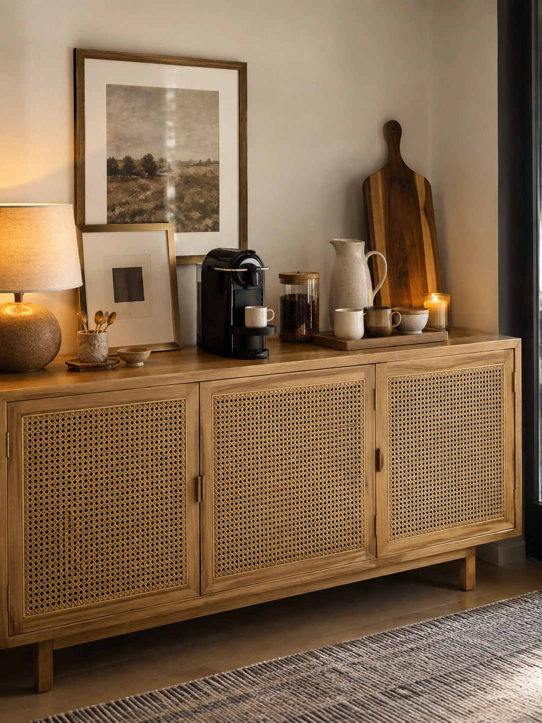 Cozy coffee bar on a rattan-front sideboard with coffee machine and warm neutral decor