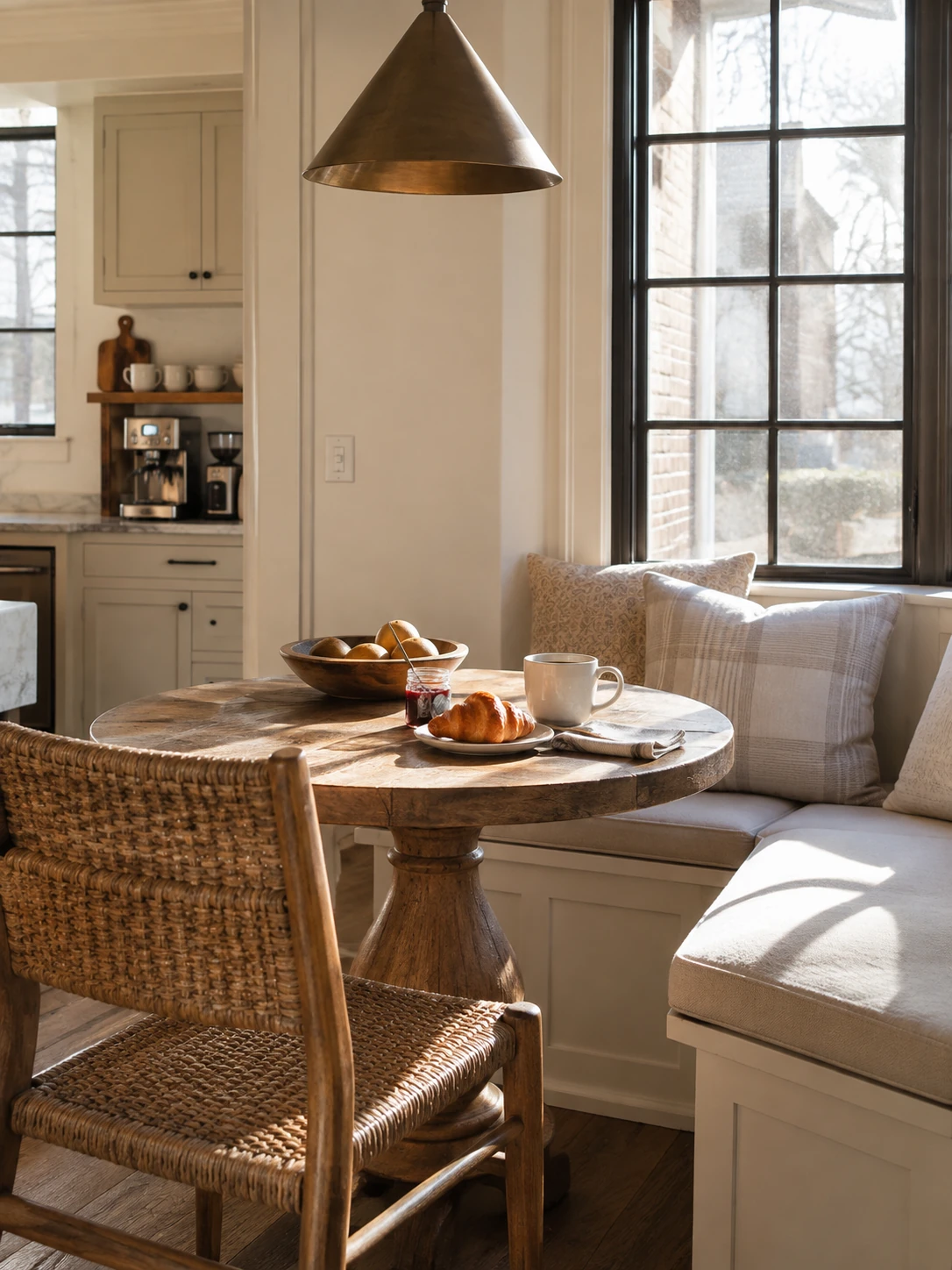 Sunlit breakfast nook with round wooden table, coffee and croissant and a coffee station nearby