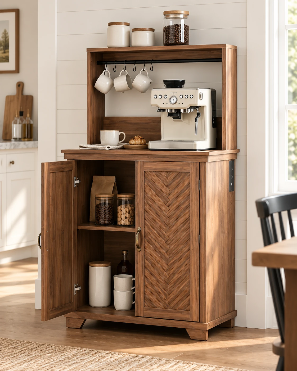 Walnut coffee bar cabinet with herringbone door, open storage and space for an espresso machine