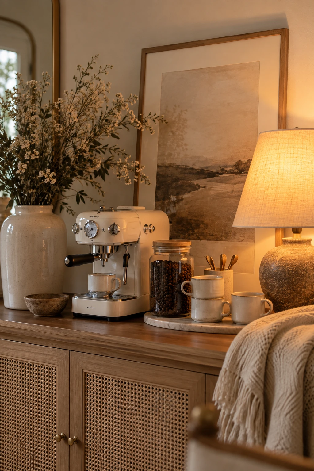 Warm espresso bar on a wooden sideboard with coffee machine and small table lamp